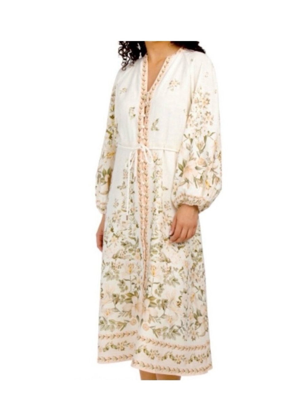 Calypso St. Barth Cream and Pink Floral Long Sleeve Dress Linen/Cotton blend